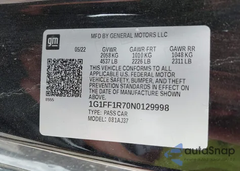 2022 Chevrolet Camaro Rwd 1Ss z USA, uszkodzony, nr VIN 1G1FF1R70N0129998